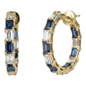 14k Yellow Gold Inside-Out Hoop Earrings With Baguette Sapphires and Diamonds, A Pair