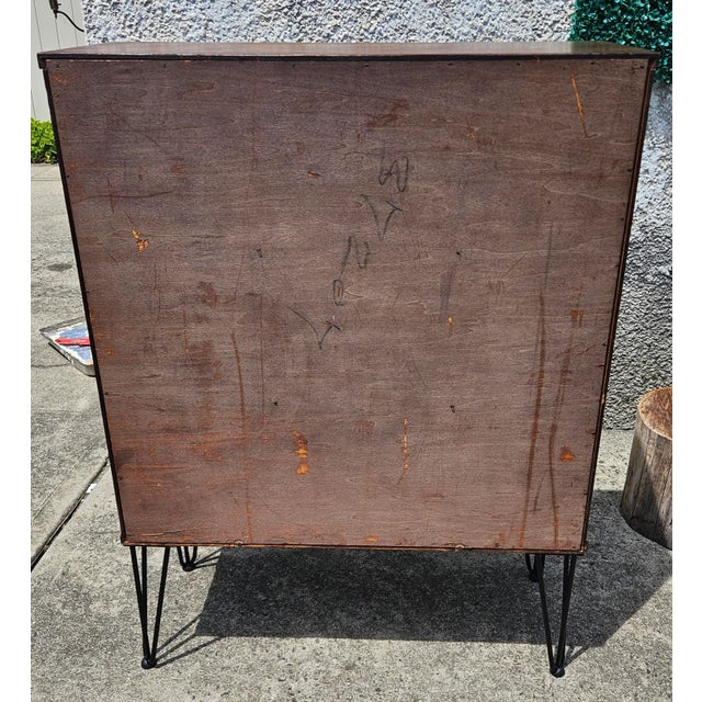 1970s Wood Cabinet With Glass Sliding Doors and Hairpin Legs For Sale - Image 11 of 12