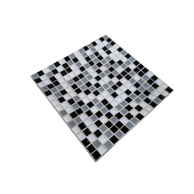 Mid Century Modern Mosaic Black White and Gray Tiled and Grouted Curved Catchall Dish Tray Measures 7.5" Wide 7.5"Deep and...