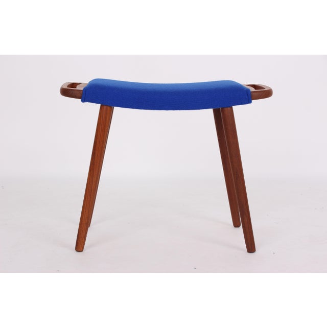Teak Stool with Blue Wool Cover, 1950s, in Very Good conditions. Designed 1950 to 1959