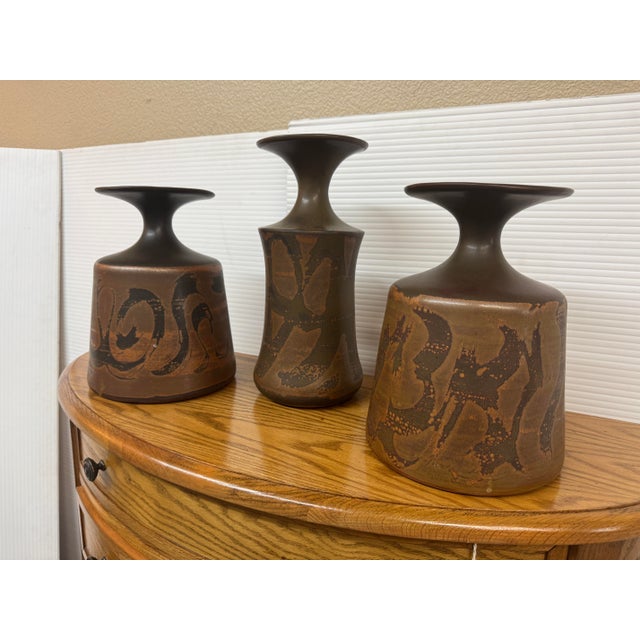Tribal Designs West Stoneware Pottery Vases, Set of Three For Sale - Image 3 of 12