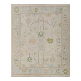 Modern Handknotted Oushak Rug in Muted Sage & Sky Blue, 9' x 12' For Sale
