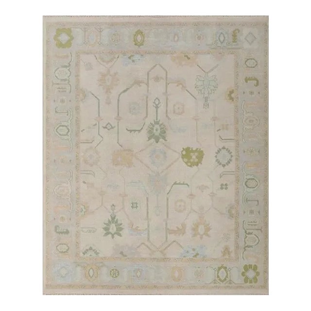 Modern Handknotted Oushak Rug in Muted Sage & Sky Blue, 9' x 12' For Sale