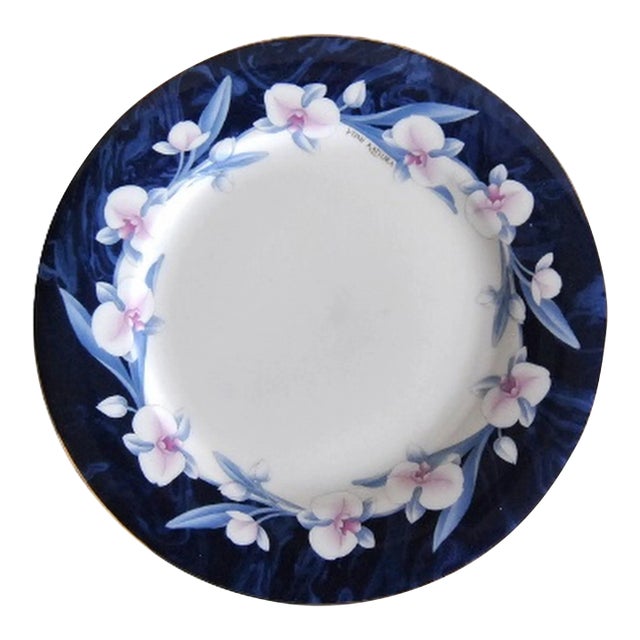 Cobalt Blue and White Decorative Plate With Orchids Signed Yumi Katsura French Colonial Style For Sale