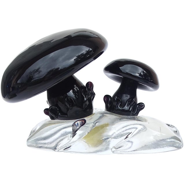 Mid-Century Modern Vintage Seguso Murano Label Black Shiitake or Portobello Mushrooms Italian Art Glass Paperweight Sculpture For Sale - Image 3 of 10