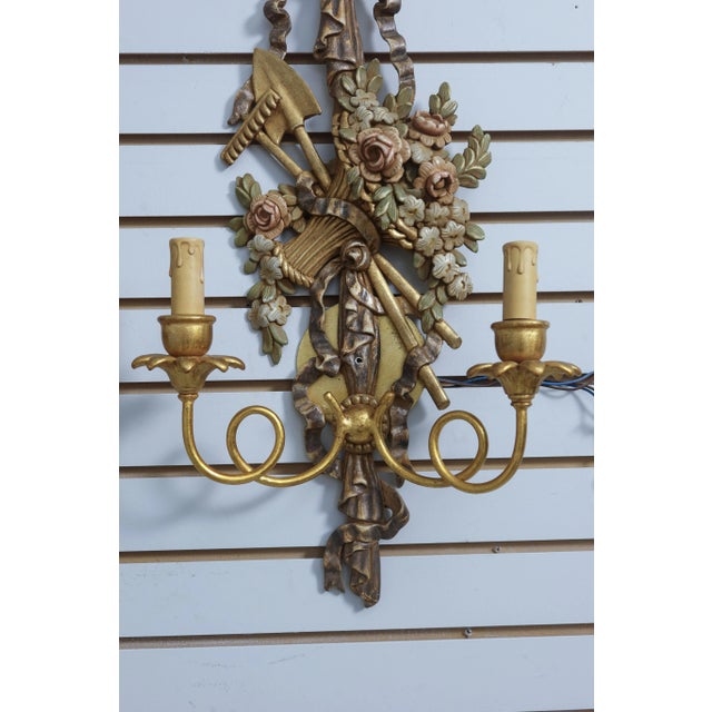 1960s Pair Country French Paint Decorated Candelabra Sconces For Sale - Image 5 of 8