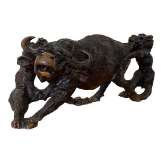 Large Hand Carved African Ironwood Sculpture Lions Attacking Cape Buffalo For Sale