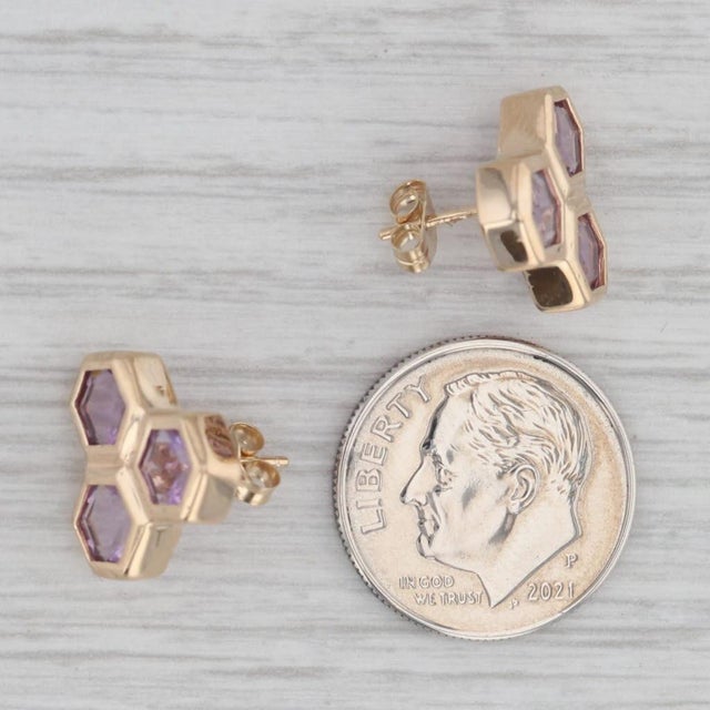 2020s New Amethyst Hexagon Cluster Stud Earrings 14k Yellow Gold - 2 Pieces For Sale - Image 5 of 5