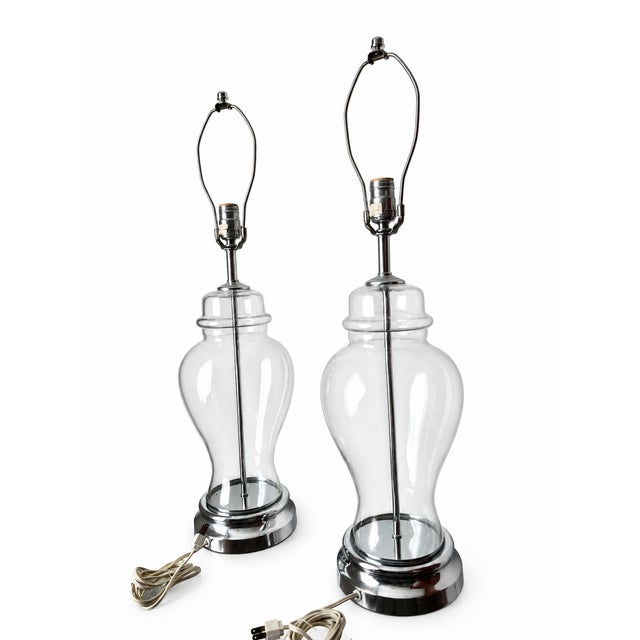 Late 20th Century Clear Glass Baluster Table Lamps With Chrome-Tone Bases - Pair For Sale - Image 10 of 14