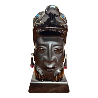 Vintage Taxco 925 Mexican Sterling Silver and Obsidian Aztec Head Sculpture For Sale