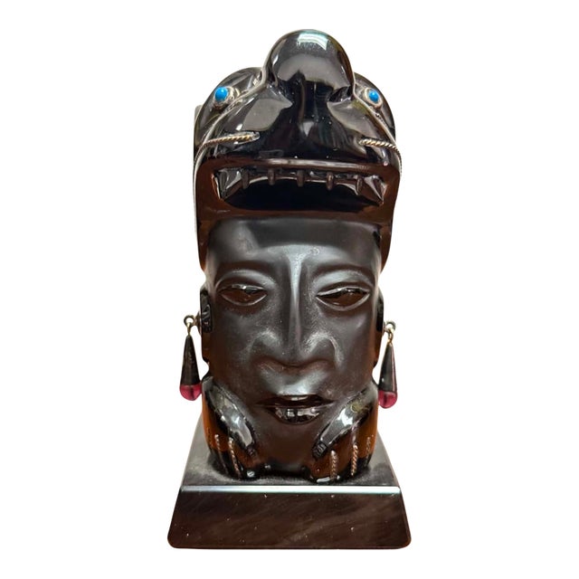 Vintage Taxco 925 Mexican Sterling Silver and Obsidian Aztec Head Sculpture For Sale