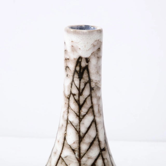 Mid-Century Modernist White and Earth Toned Tapered Ceramic Vase With Leaf Motif For Sale - Image 4 of 13