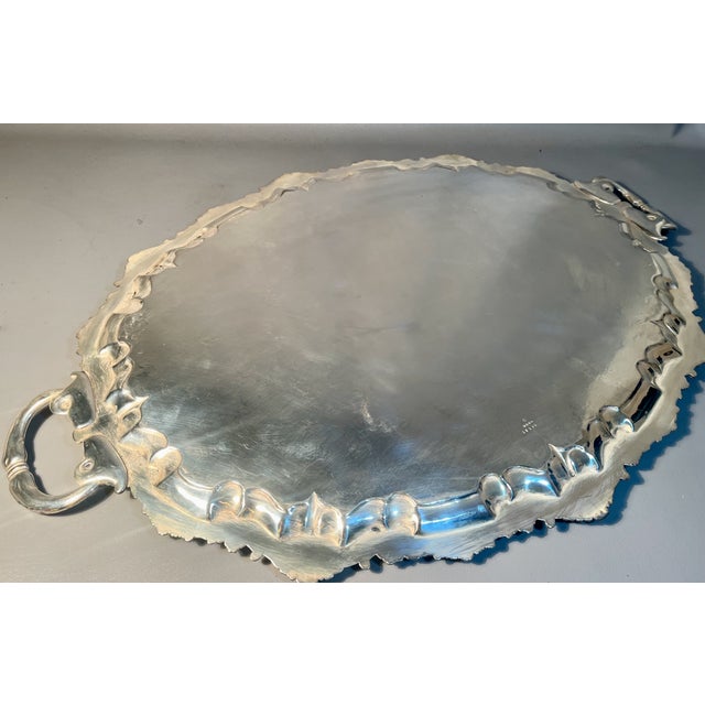 Vintage Silver Plated Butler's Serving Tray 31" Chippendale Style Gadrooned Borders For Sale - Image 4 of 7