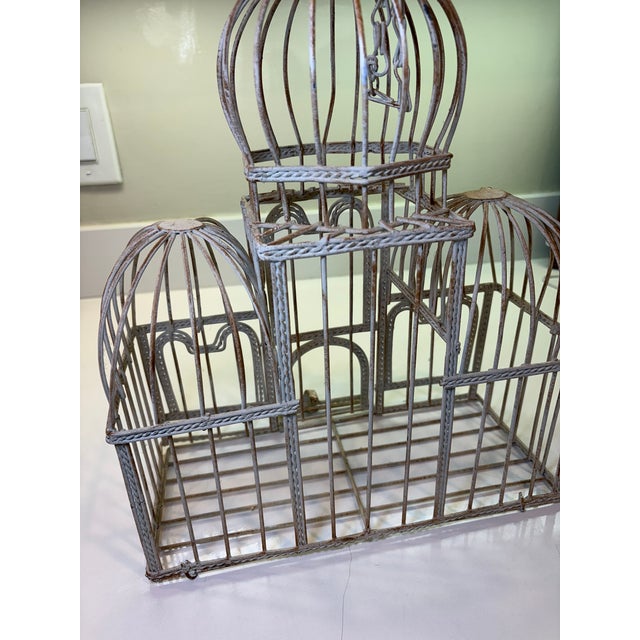 Taj Mahal Style Vintage Distressed White Metal Birdcage With Hanging Chain For Sale - Image 13 of 17