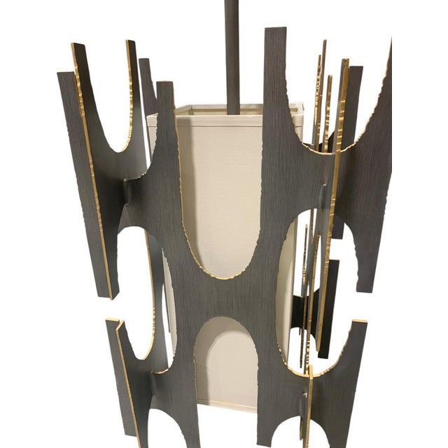Metal Brutalist Iron Pendant Lamp With Gold Leaf Accent For Sale - Image 7 of 8