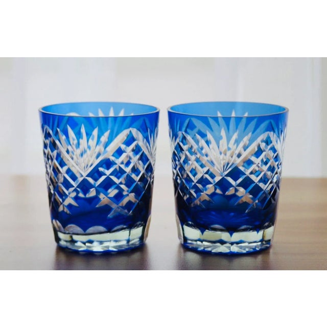 Boho Chic Exquisite Hungarian Cut Crystal Old Fashioned Glasses - Cobalt Blue Cut-to-Clear (Pair) For Sale - Image 3 of 11