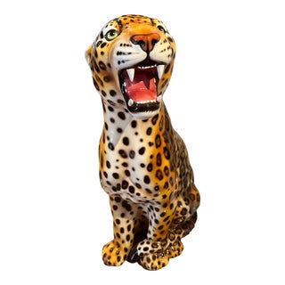 1970s Brown Italian Hand Painted Ceramic Leopard With Open Mouth For Sale