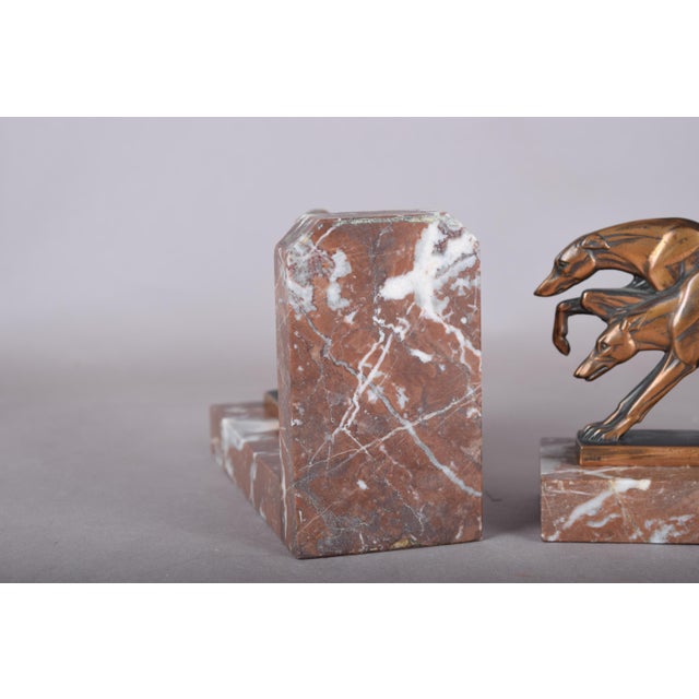 Art Deco Greyhound Bookends in Bronze-Finished Metal on Red Marble, 1930s, Set of 2 For Sale - Image 3 of 8