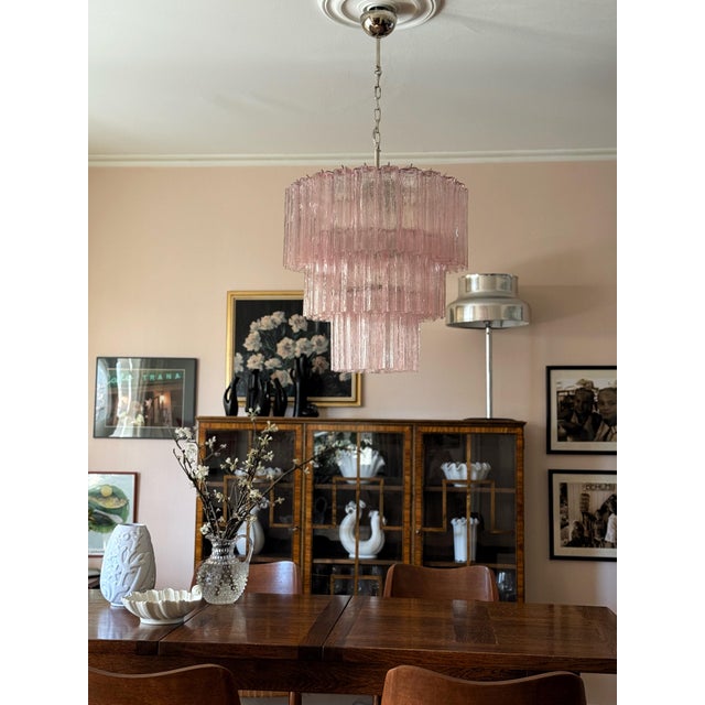 Large Pink Colorful Murano Chandeliers with Tubular Prisms Tronchi, Set of 2 For Sale - Image 6 of 16