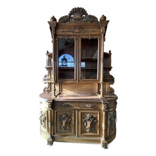 Antique French Renaissance Style Heavily Carved Walnut Buffet Hutch With Glass Doors (Jg) For Sale
