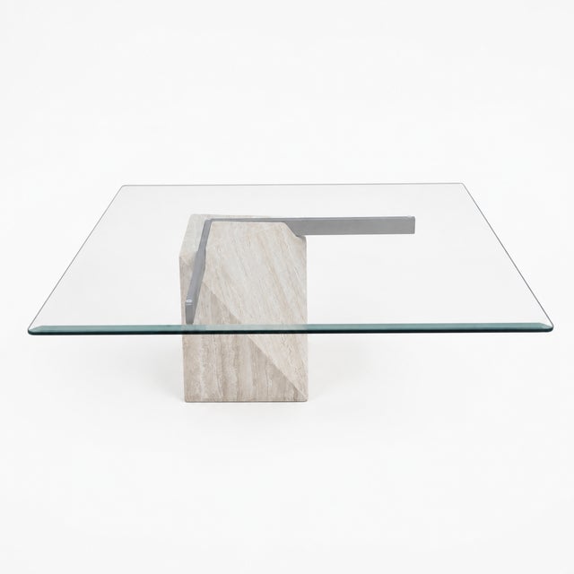 1980s Postmodern Glass Coffee Table With Travertine Base For Sale - Image 16 of 18