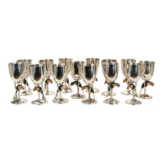 Vintage Silver on Copper Goblets or Stemware With Toucans - Set of Fourteen For Sale