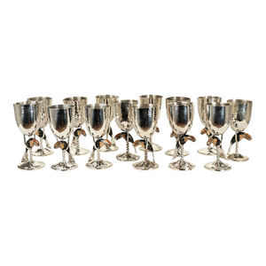 Vintage Silver on Copper Goblets or Stemware With Toucans - Set of Fourteen