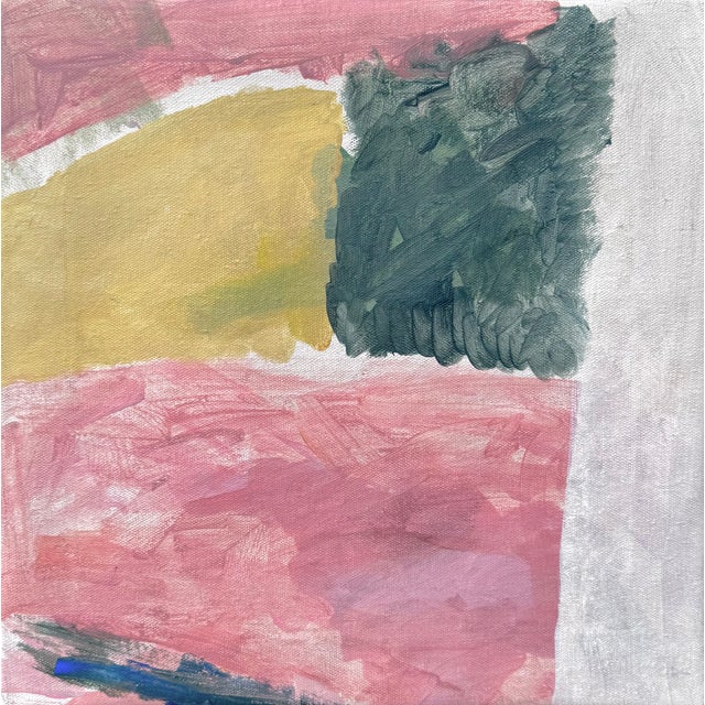 Abstract Acrylic Painting on Canvas, Original Pink and Yellow Modern Wall Art, 16x16 Square Minimalist Contemporary Home Decor For Sale