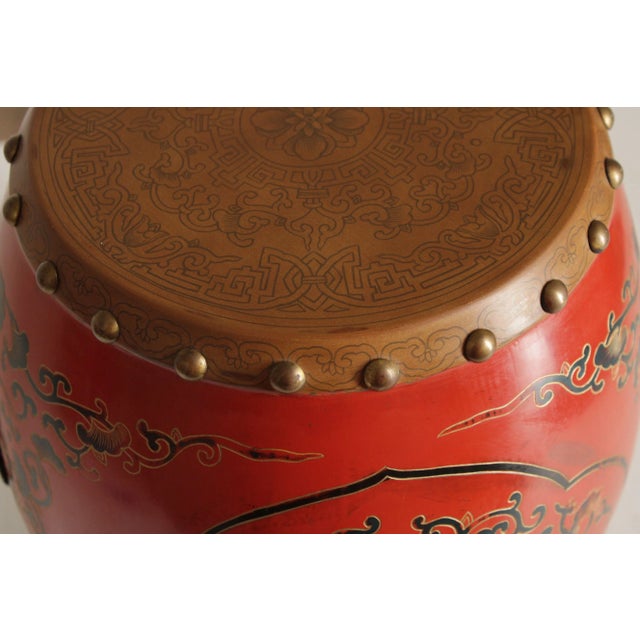 Asian Inspired Style Pair of Hand Painted Wooden Drum Stools For Sale - Image 9 of 12