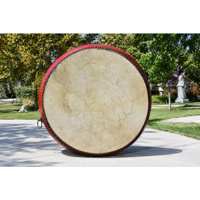 Monumental Antique 48" Chinese Ceremonial Drum Round Table Red Lacquered For Sale In Los Angeles - Image 6 of 18