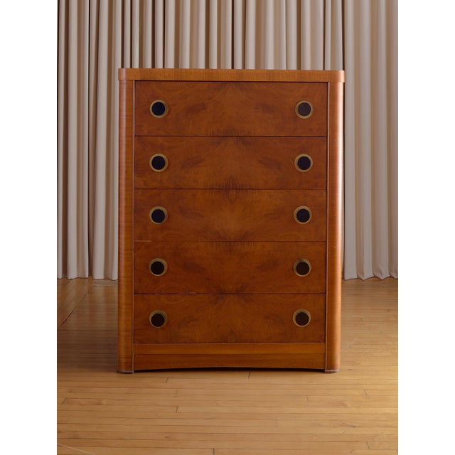 This striking vintage French Art Deco dresser features a beautifully figured burl wood veneer with softly rounded edges...