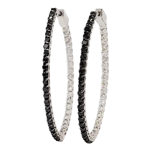 Estate Black and White Diamond Oval Shape Hoops in 14k White Gold - A Pair