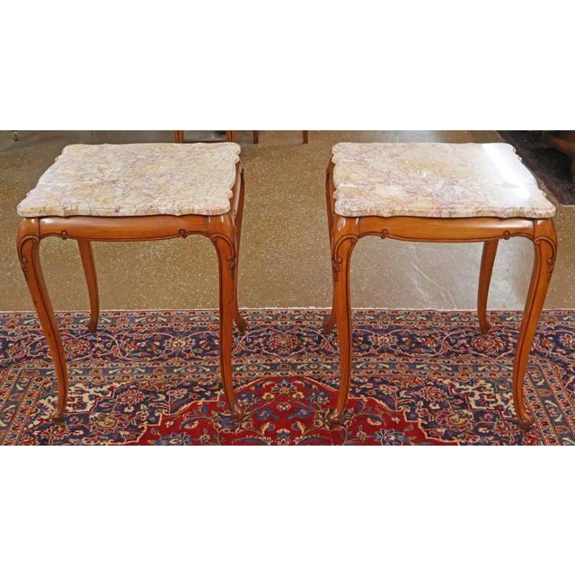 Pair of Vintage Marble Top Walnut Louis XV French Style End Tables For Sale - Image 4 of 15