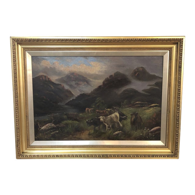 1908 Edwardian "Shetland Cattle in the Highlands" Oil Painting For Sale