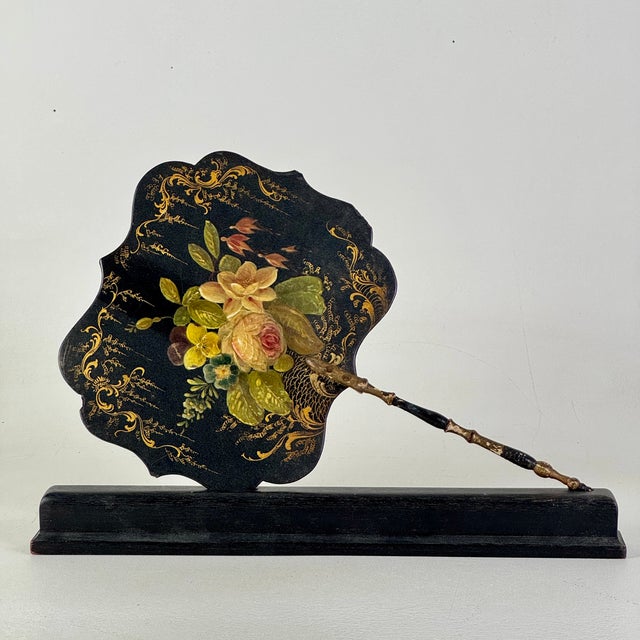 A lovely Victorian handheld paper mache fire screen, from the 1880s. It comes with a great wood stand, to rest on when not...