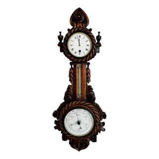 Antique Victorian Carved Walnut Banjo Clock Barometer, 1880 For Sale