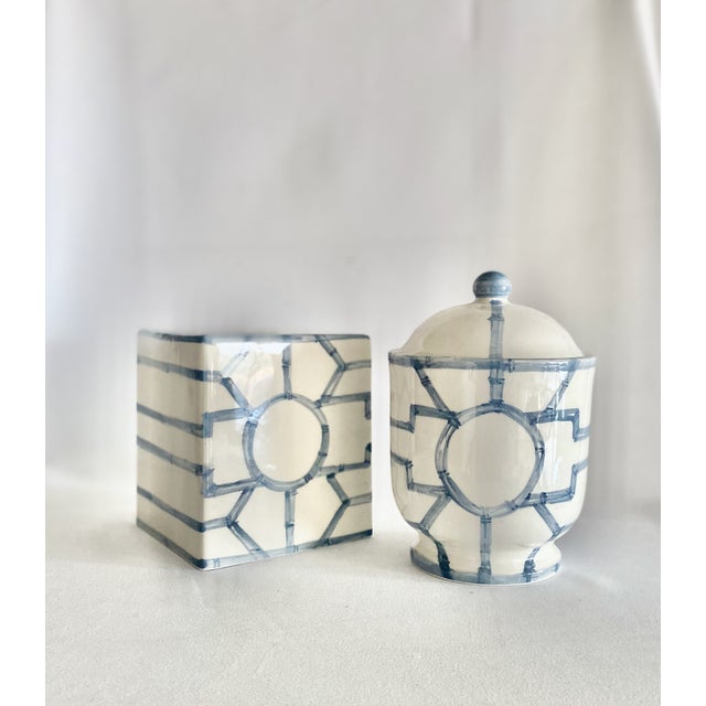Complete ceramic bath set in a bamboo fret pattern, glazed in light blue. Includes a lidded cotton jar, soap dish, tissue...