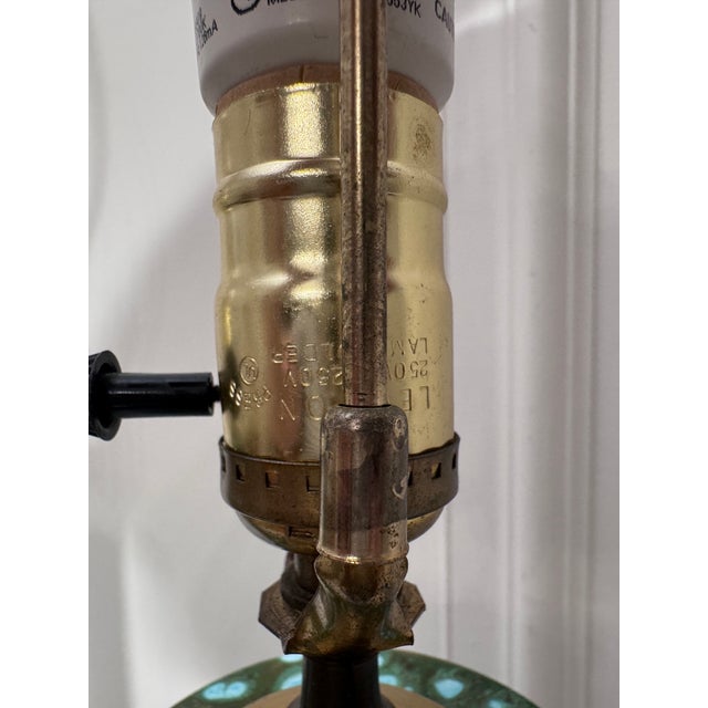 Vintage Mid Century Hollywood Regency Drip Glaze Ceramic Aqua, Brass & Gold Leaf Shaded Table Lamps, a Pair For Sale - Image 17 of 18