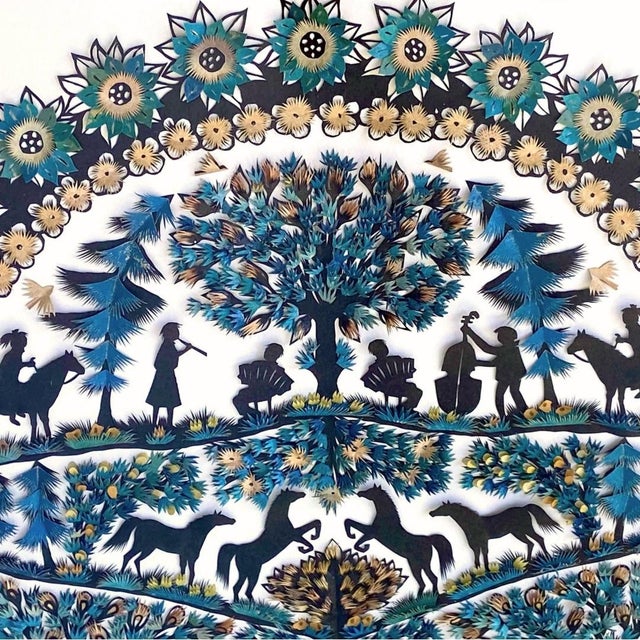 Traditional 1990s Scherenschnitte Artwork a Colorful Paper Cutting With Horses and Children by Elisabeth Bottesi-Fischer For Sale - Image 3 of 10