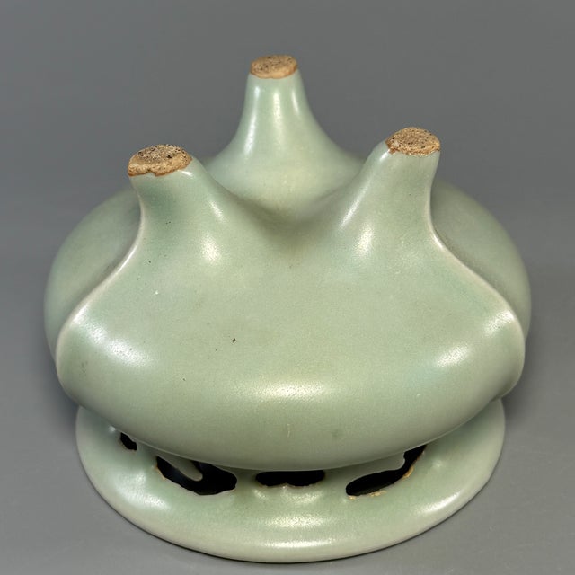 Vintage Chinese Celadon Pierced‑Rim Tripod Vessel, Collectible Decorative Ceramic Censer For Sale - Image 6 of 8