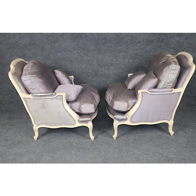 1950s Pair Louis XV Style Oversized Creme Painted and Upholstered Bergère Chairs For Sale - Image 5 of 9
