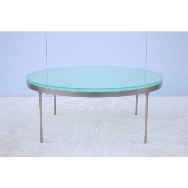 Mid-Century Modern Vintage Minimalist Nicos Zographos Round Glass and Stainless-Steel Coffee Table For Sale - Image 3 of 13