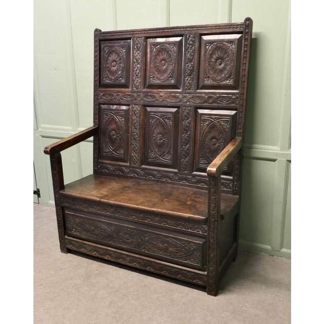 18th Century Carved High Back Oak Box Settle For Sale - Image 5 of 10