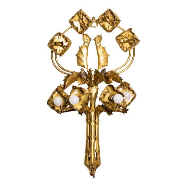 Large Art Nouveau Thistle Wall Sconce in Hammered Brass, France, 20th Century For Sale