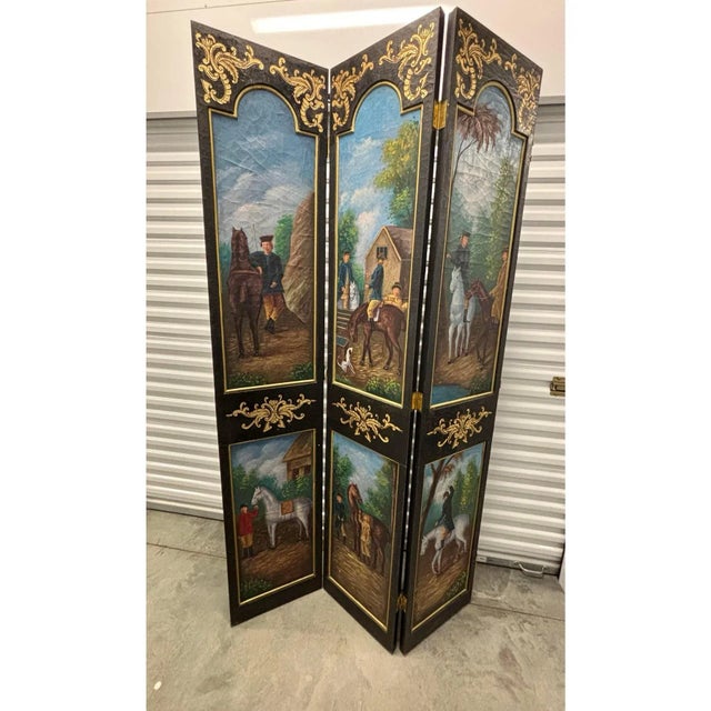 Wood Vintage Equestrian Themed Painted Room Divider For Sale - Image 7 of 9