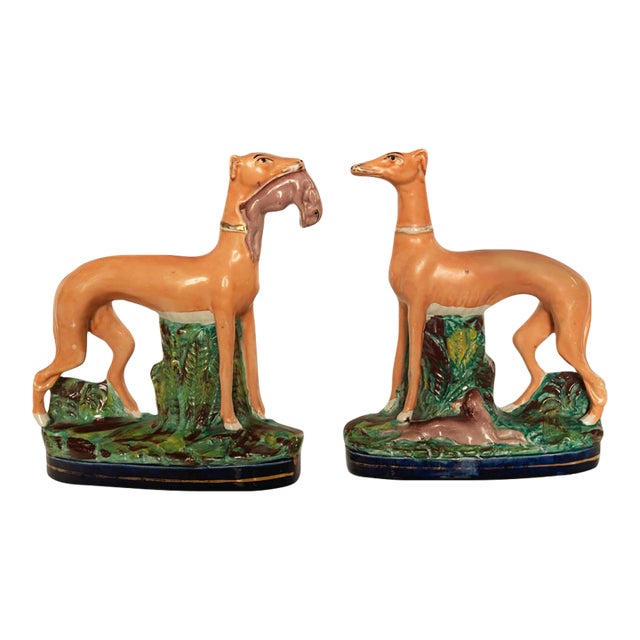 Antique 19thC Pair of Staffordshire Whippets Greyhounds Hunting Dog Figures 1860 For Sale