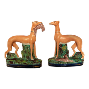 Antique 19thC Pair of Staffordshire Whippets Greyhounds Hunting Dog Figures 1860