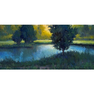 Green and Gold by Seth Winegar | Oil on Board Landscape with Trees and Water Reflection For Sale