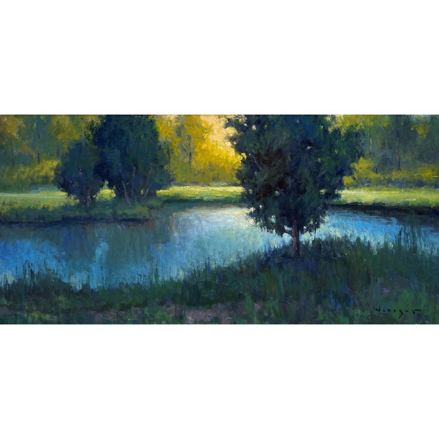 Green and Gold by Seth Winegar | Oil on Board Landscape with Trees and Water Reflection For Sale