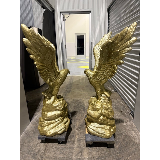 American Mirrored Pair Monumental Concrete Eagle Statues W/ Rolling Plinth Bases 4ft+ For Sale - Image 3 of 9